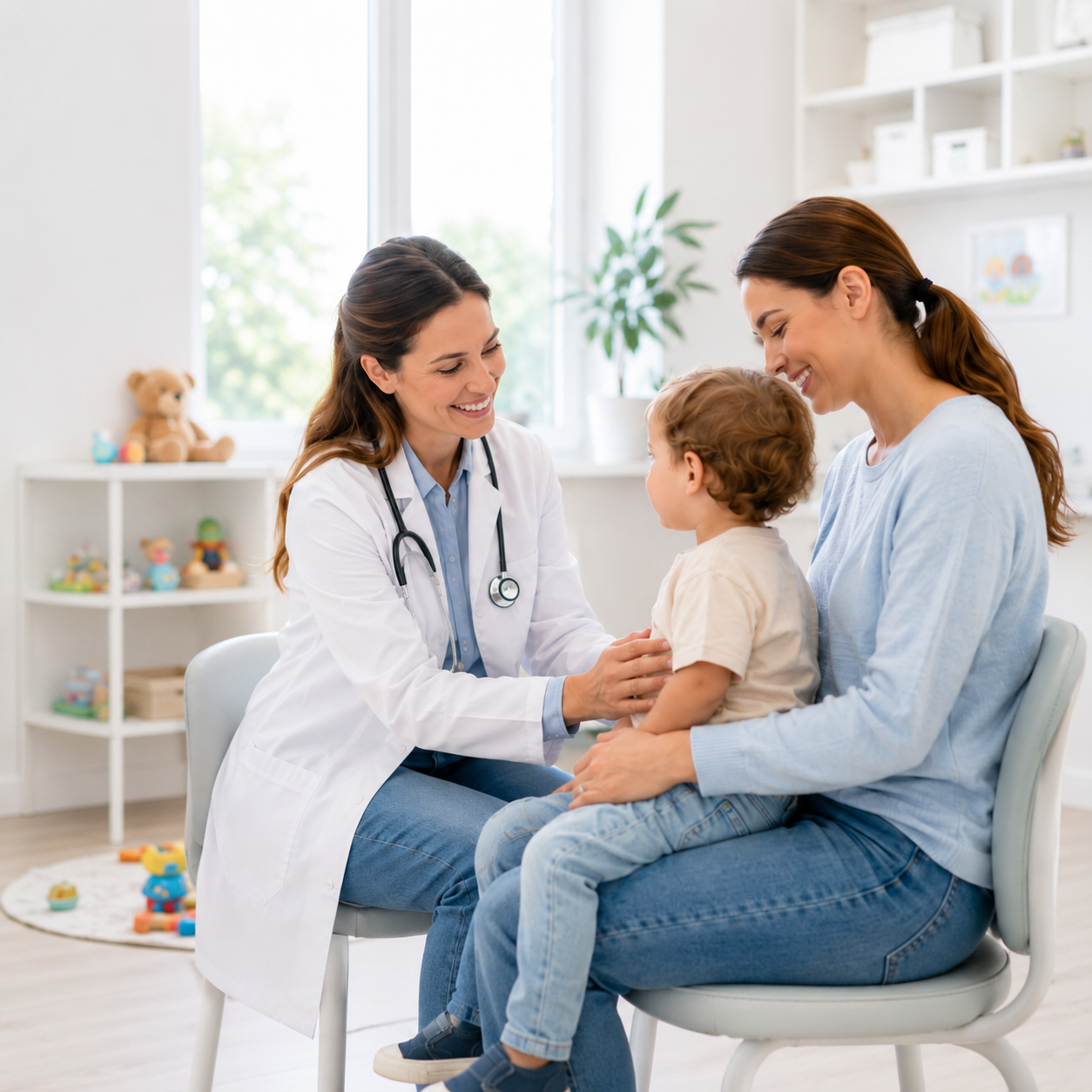 Pediatra examinando con cariño a un bebé sonriente